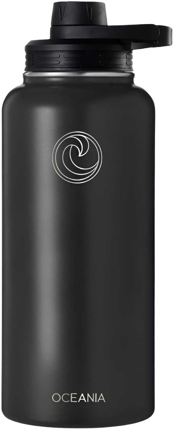 Oceania Flask 32oz Stainless Steel Water Bottles | Modern, Leakproof, Hydro BPA-Free, Insulated Water Bottle with 3 Lids, 3 Straws & 2 Straw Cleaning Brushes | Simple Camping & Hiking Water Bottles