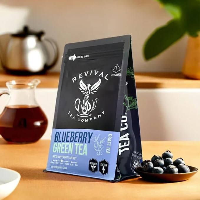 Revival Tea Company Blueberry Green Tea - Green Tea Blend with Natural Blueberry Flavor - 24 Tea Bags