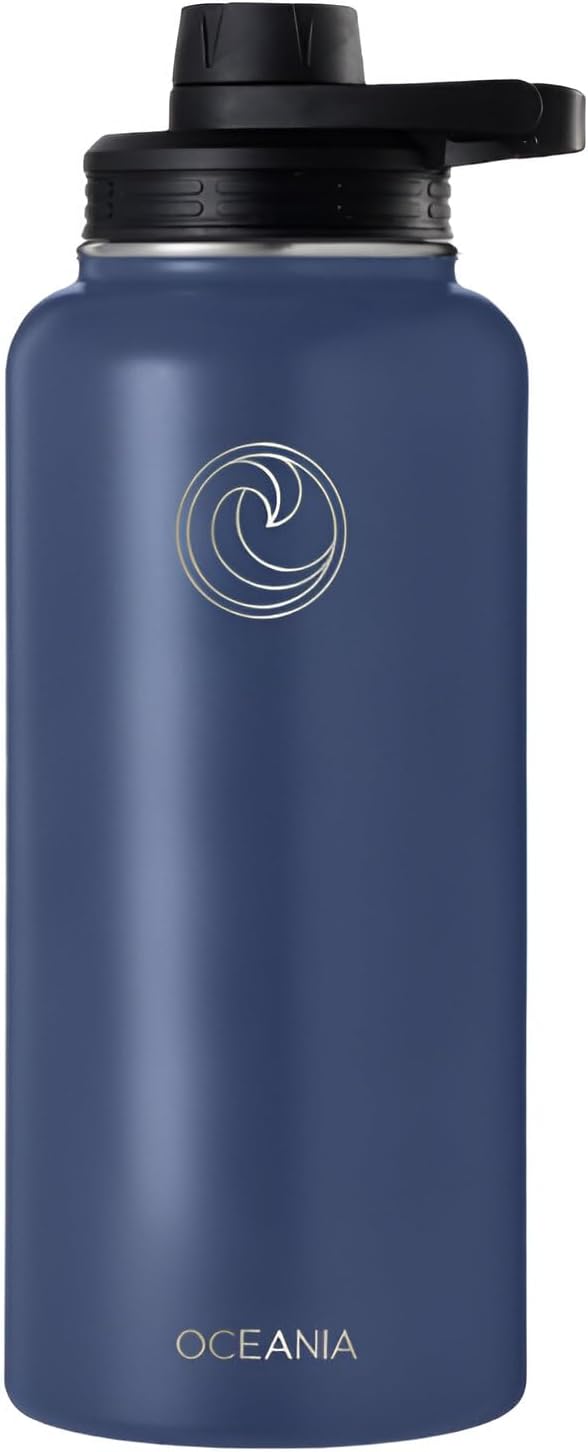 Oceania Flask 32oz Stainless Steel Water Bottles | Modern, Leakproof, Hydro BPA-Free, Insulated Water Bottle with 3 Lids, 3 Straws & 2 Straw Cleaning Brushes | Simple Camping & Hiking Water Bottles