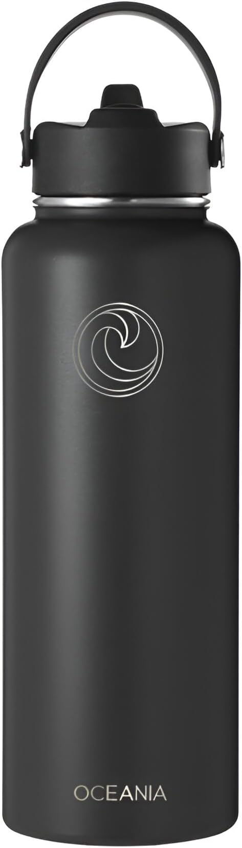 Oceania Flask 40oz Stainless Steel Water Bottles | Modern, Leakproof, Hydro BPA-Free, Insulated Water Bottle with 3 Lids, 3 Straws & 2 Straw Cleaning Brushes | Simple Camping & Hiking Water Bottles
