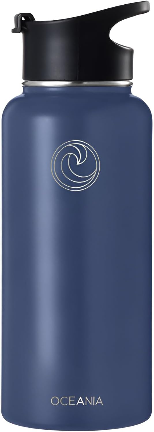 Oceania Flask 32oz Stainless Steel Water Bottles | Modern, Leakproof, Hydro BPA-Free, Insulated Water Bottle with 3 Lids, 3 Straws & 2 Straw Cleaning Brushes | Simple Camping & Hiking Water Bottles