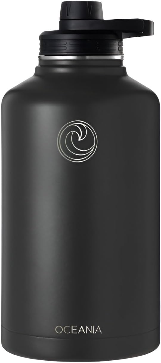 Oceania Flask 64oz Stainless Steel Water Bottles | Modern, Leakproof, Hydro BPA-Free, Insulated Water Bottle with 3 Lids, 3 Straws & 2 Straw Cleaning Brushes | Simple Camping & Hiking Water Bottles