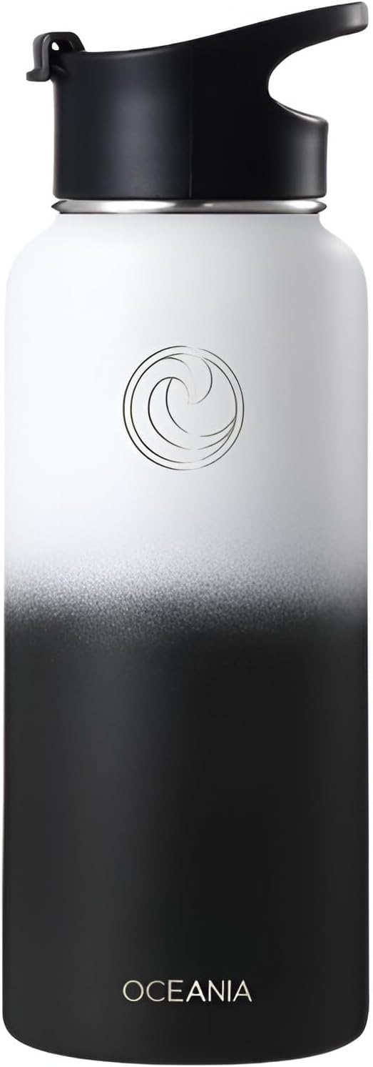 Oceania Flask 32oz Stainless Steel Water Bottles | Modern, Leakproof, Hydro BPA-Free, Insulated Water Bottle with 3 Lids, 3 Straws & 2 Straw Cleaning Brushes | Simple Camping & Hiking Water Bottles