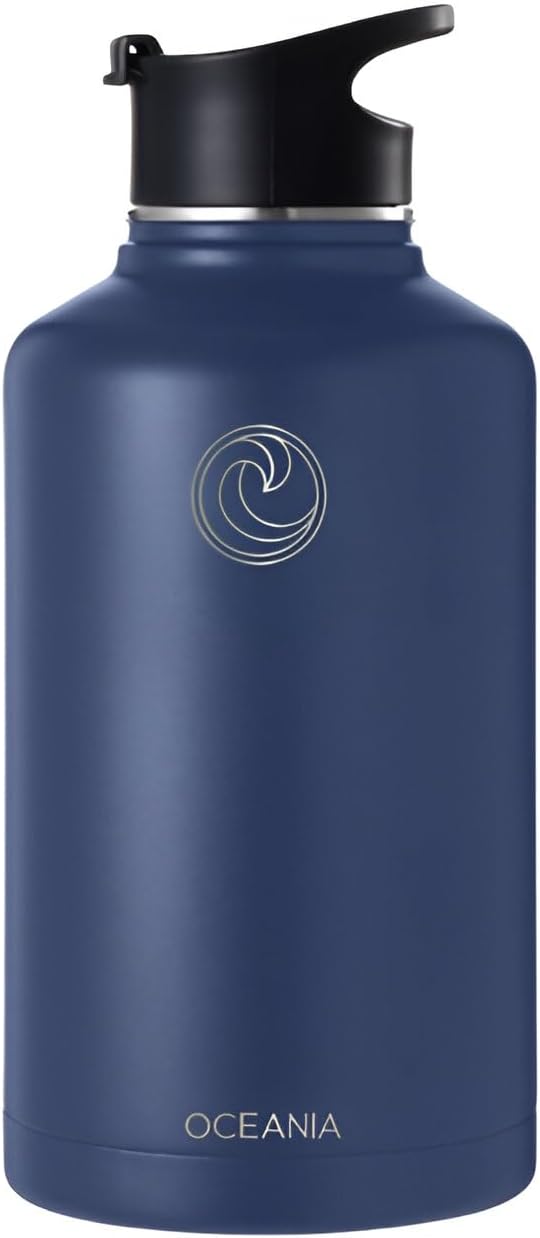 Oceania Flask 64oz Stainless Steel Water Bottles | Modern, Leakproof, Hydro BPA-Free, Insulated Water Bottle with 3 Lids, 3 Straws & 2 Straw Cleaning Brushes | Simple Camping & Hiking Water Bottles