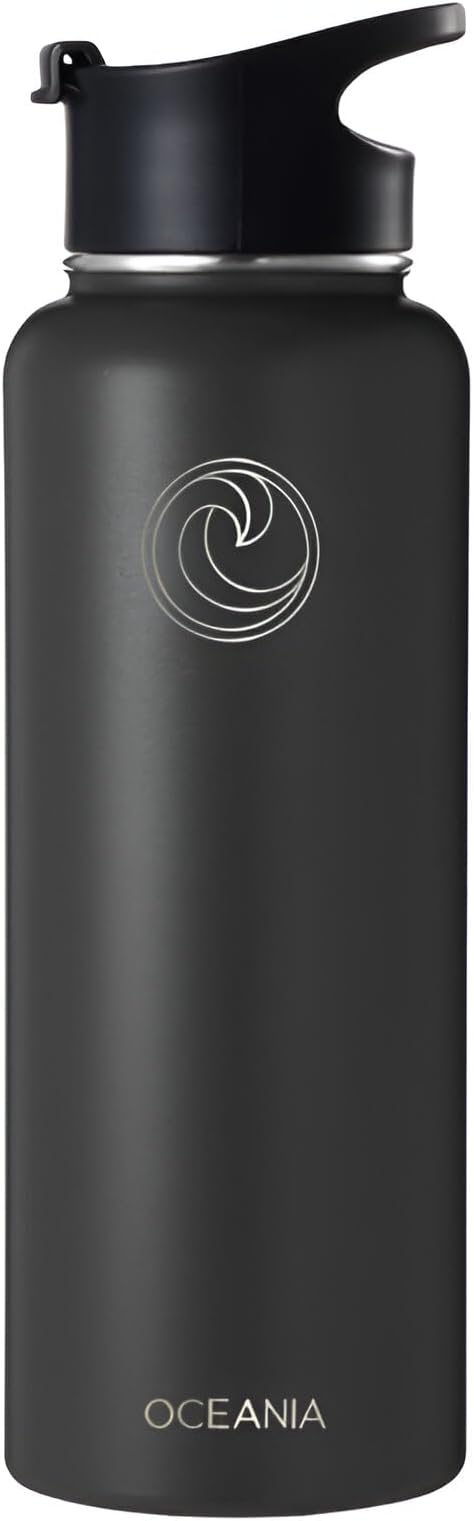 Oceania Flask 40oz Stainless Steel Water Bottles | Modern, Leakproof, Hydro BPA-Free, Insulated Water Bottle with 3 Lids, 3 Straws & 2 Straw Cleaning Brushes | Simple Camping & Hiking Water Bottles