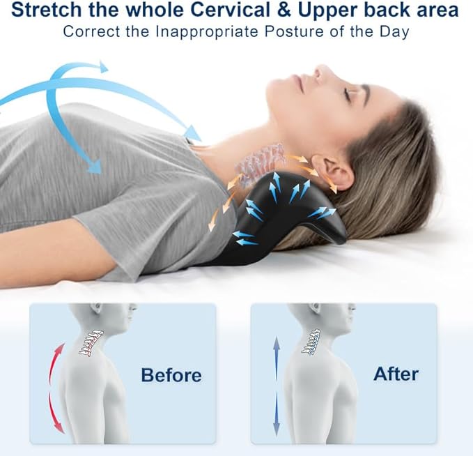 Neck and Shoulder Relaxer with Upper Back Massage Point, Cervical Traction Device Neck Stretcher for TMJ Pain Relief and Cervical Spine Alignment Chiropractic Pillow(Black)