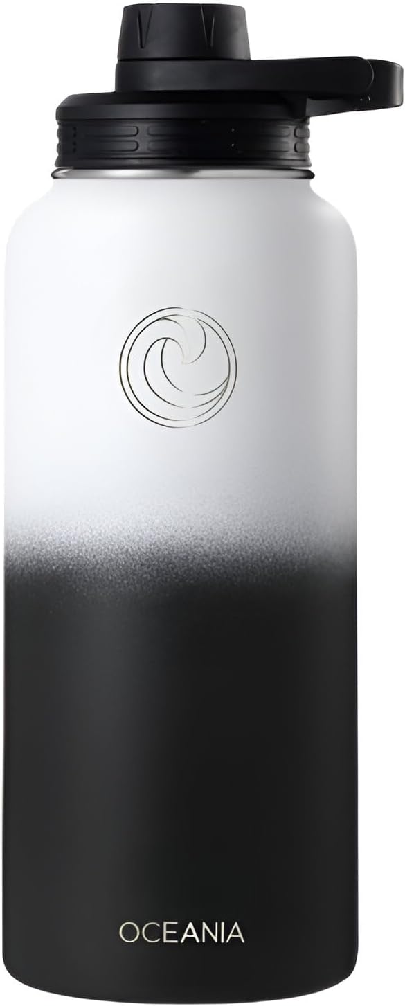 Oceania Flask 32oz Stainless Steel Water Bottles | Modern, Leakproof, Hydro BPA-Free, Insulated Water Bottle with 3 Lids, 3 Straws & 2 Straw Cleaning Brushes | Simple Camping & Hiking Water Bottles