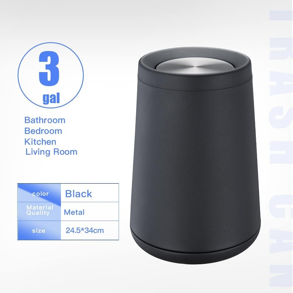 Household Swing Black Bathroom Trash Can,Brushed Stainless Steel,10 L/3 Gallen,Garbage Can with Flipping Lid, for Indoor or Commercial Use, Kitchen,Modern,Living Room,Bedroom