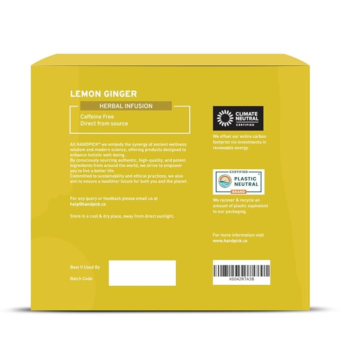HANDPICK, Lemon Ginger Herbal Tea - 100 Pyramid Tea Bags | 100% Natural Ingredients, Tasty & Citrusy Hand-made Blend of Lemon & Ginger | Caffeine Free, Gluten Free | No Artificial Ingredients