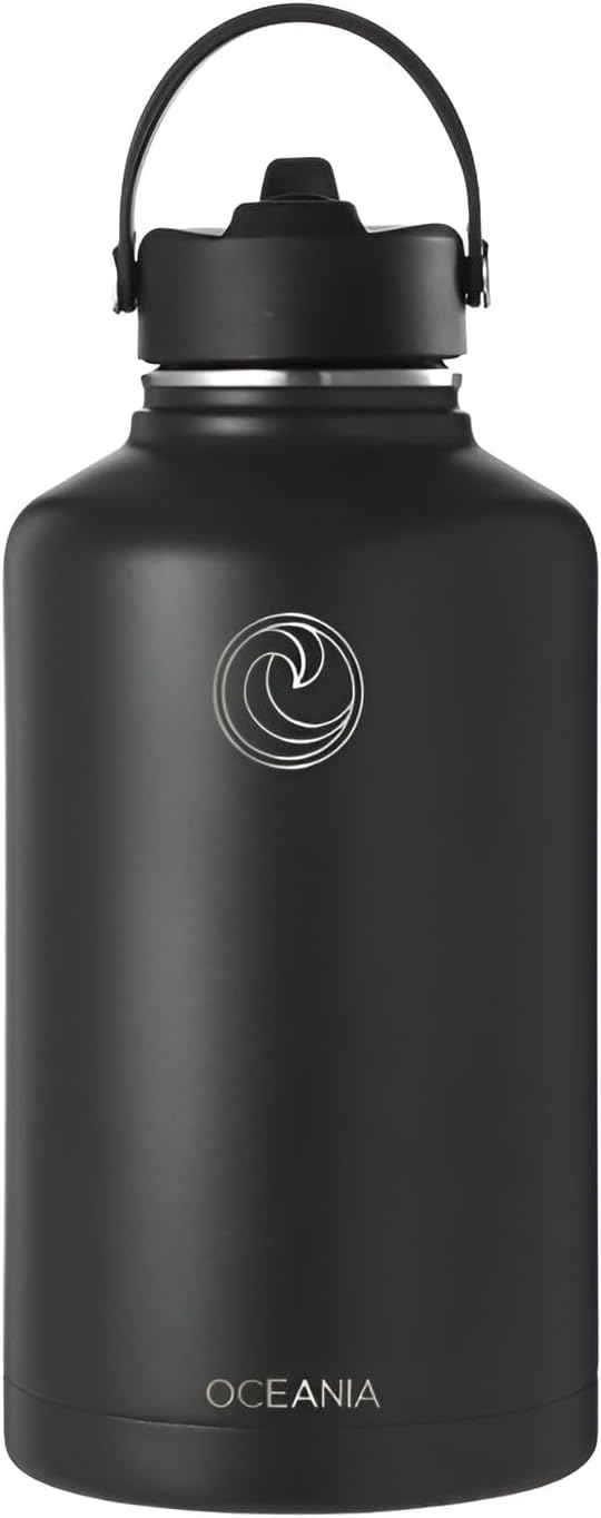 Oceania Flask 64oz Stainless Steel Water Bottles | Modern, Leakproof, Hydro BPA-Free, Insulated Water Bottle with 3 Lids, 3 Straws & 2 Straw Cleaning Brushes | Simple Camping & Hiking Water Bottles