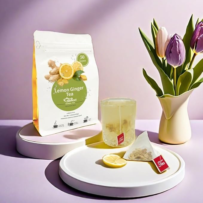 Samcci - Lemon Ginger Tea Bags, 50 Teabags - Great Hot or Iced – Aromatic, Natural, Pleasantly Spicy & Warming - Non-GMO - Caffeine-free - Support Healthy Digestion & Boost Immunity