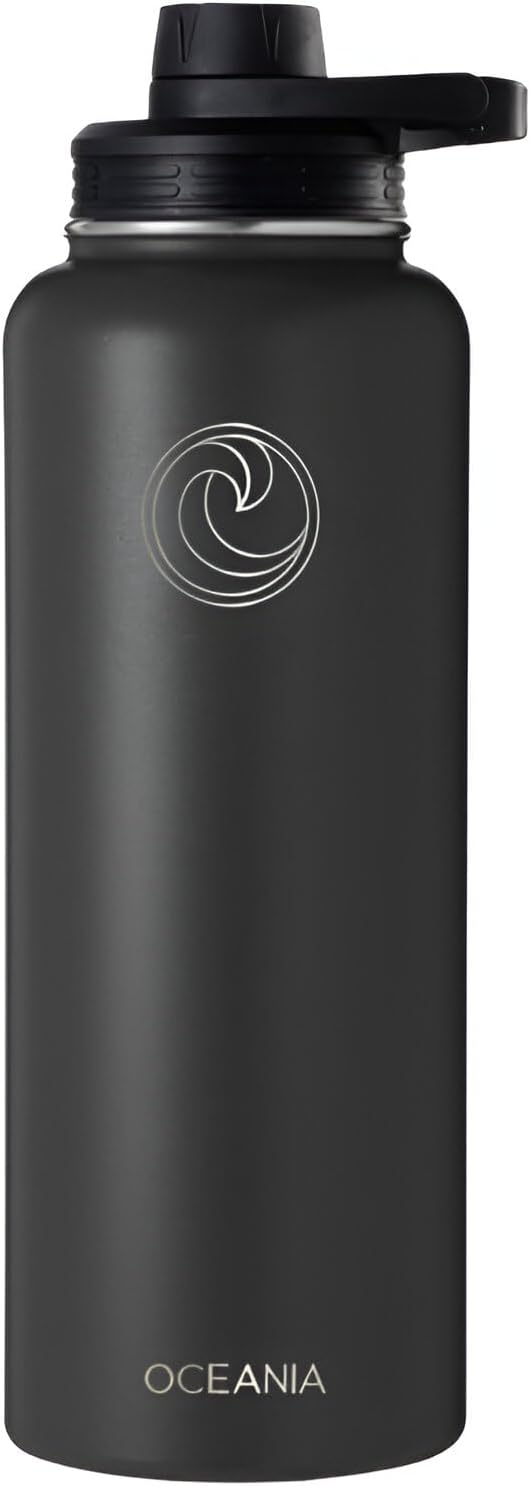 Oceania Flask 40oz Stainless Steel Water Bottles | Modern, Leakproof, Hydro BPA-Free, Insulated Water Bottle with 3 Lids, 3 Straws & 2 Straw Cleaning Brushes | Simple Camping & Hiking Water Bottles