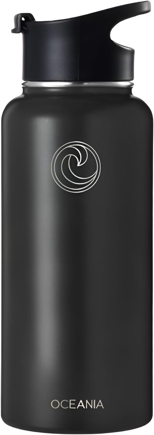 Oceania Flask 32oz Stainless Steel Water Bottles | Modern, Leakproof, Hydro BPA-Free, Insulated Water Bottle with 3 Lids, 3 Straws & 2 Straw Cleaning Brushes | Simple Camping & Hiking Water Bottles