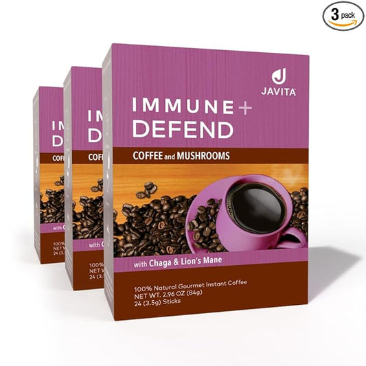 Mushroom Coffee by Javita, Immune & Defend Blend of Chaga, Lion's Mane and Dark Roast Coffee for Morning Boost, Antioxidant Support; Keto-friendly, 3 boxes of 24 (3.5g) Sticks, 72 ct
