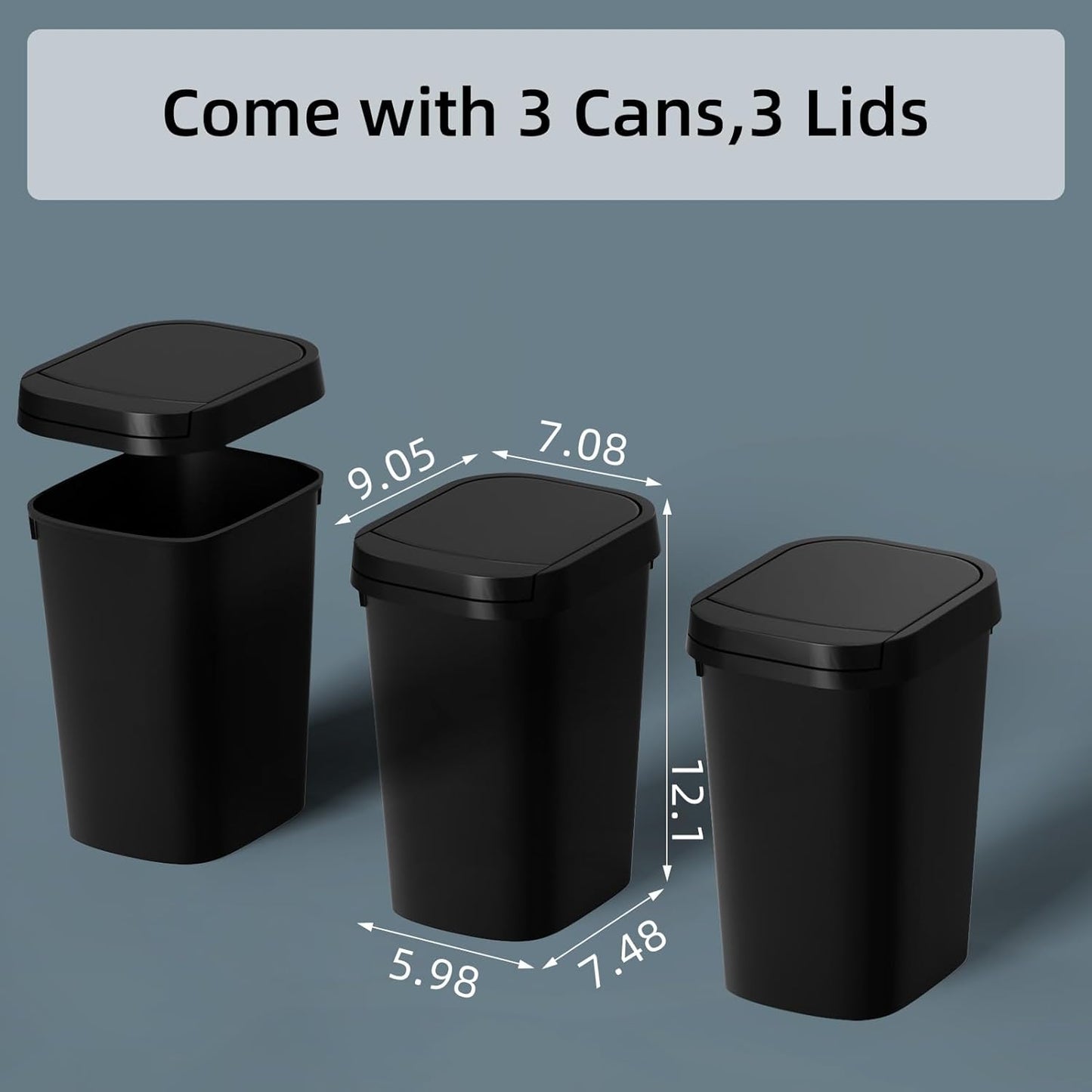 3 Pack Bathroom Small Trash Can with Lid, 2.6 Gallon Slim Garbage Bin with Pop-Up Lid, 10L Plastic Wastebasket for Bedroom, Office, Kitchen, Toilet (Black)