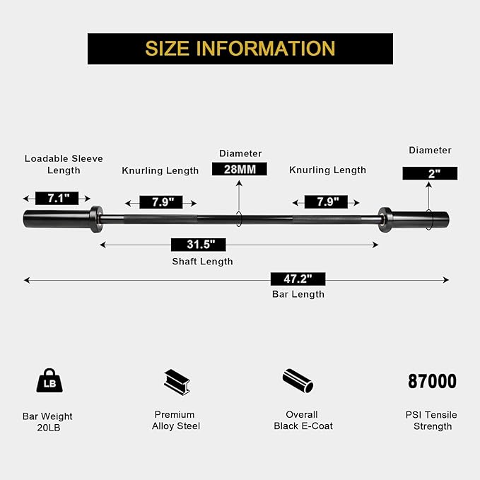 LIONSCOOL Premium 4ft/4.9ft/6ft Barbell for Strength Training and Olympic Weightlifting, 2 Inch Bar for Squats, Curls, Deadlifts, Presses, Hip Thrusts, 350lbs/500lbs/700lbs Weight Capacity