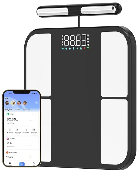 Scale for Body Weight - 8 Electrodes High Precision Digital Scale for BMI - 46 Body Composition Metrics - Bluetooth Bathroom Scale with LED for Home/Fitness