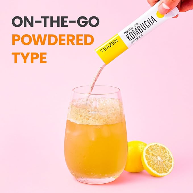 TEAZEN Lemon Kombucha Tea, Hydration Drink Mix, Sugar Free, Live Probiotics & Prebiotics, 30 Sticks, 5.29oz