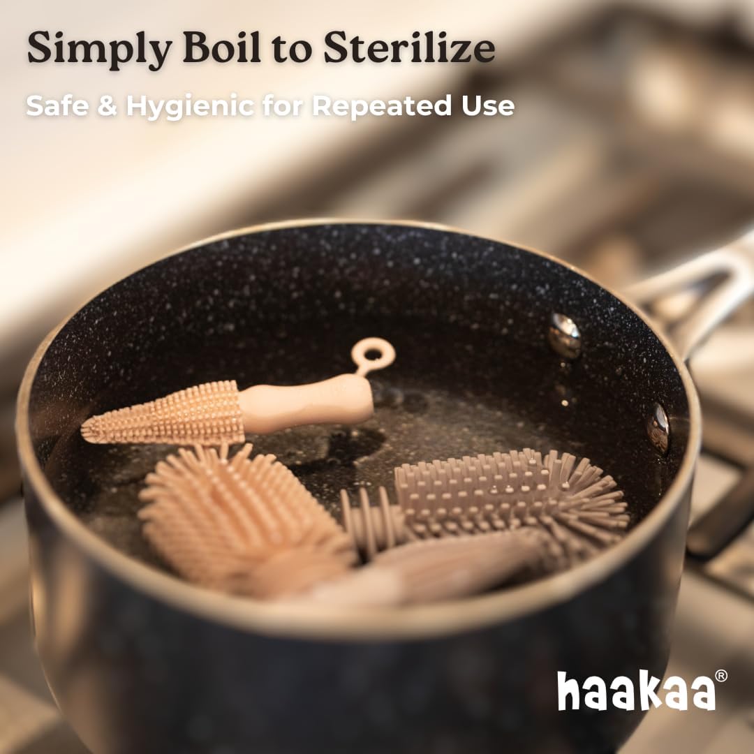 Haakaa Silicone Cleaning Brush Kit – Household Cleaning Brushes for Bottles and Crevices – Food-Grade Silicone: Dishwasher Safe (Brush-Grey)