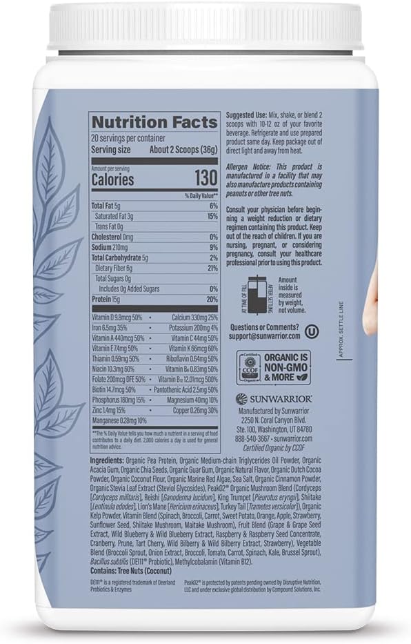 Sunwarrior Vegan Protein Superfood Shake Meal Replacement Organic Protein Supplement | Gluten Free Non-GMO Dairy Free Sugar Free Low Carb Plant Based Protein | Chocolate 20 Servings | Shape Lean