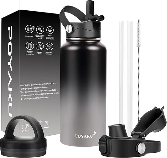 Water Bottle Insulated 32oz 40oz 64oz 128oz Straw Lid Spout Lid & 3 Lids, Leak Proof, Vacuum Insulated,Stainless Steel Water Bottle Wide Mouth for Sports, Gym or Office