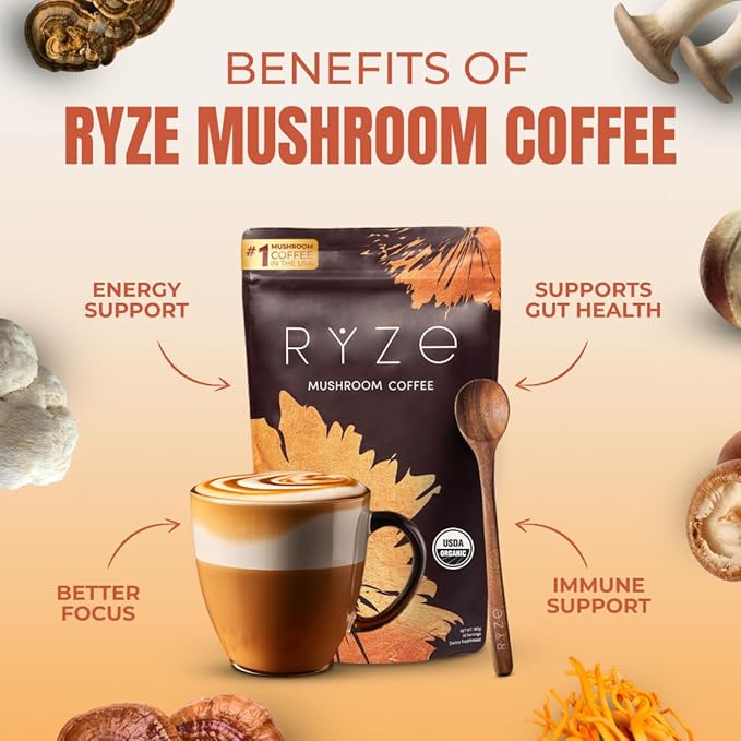 RYZE SUPERFOODS Mushroom Coffee USDA Organic with 6 Adaptogenic Mushrooms and MCT Oil, USA Grown Instant Coffee for Better Energy, Focus, Digestion, Immunity with Lions Mane & Turkey Tail, 30 servings