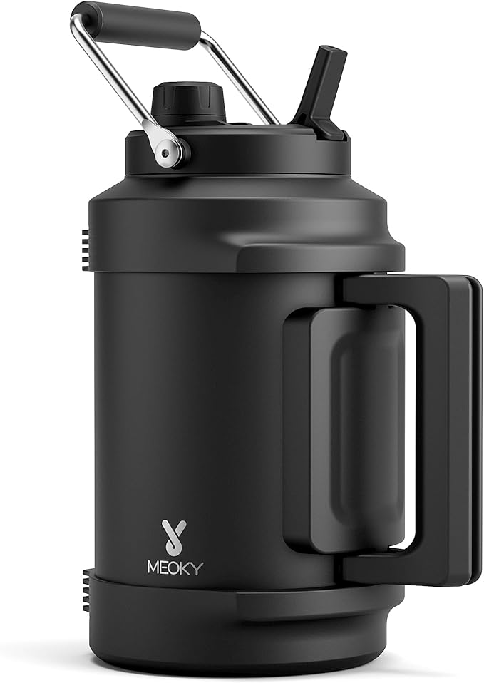 Meoky 1 Gallon Insulated Water Bottle for Sports 128 oz Triple Wall Vacuum Stainless Steel Water Jug - Top and Side Handles, Cold for 48 Hrs, 2-in-1 Straw and Spout Lid, Leak Proof for Hiking (Night)
