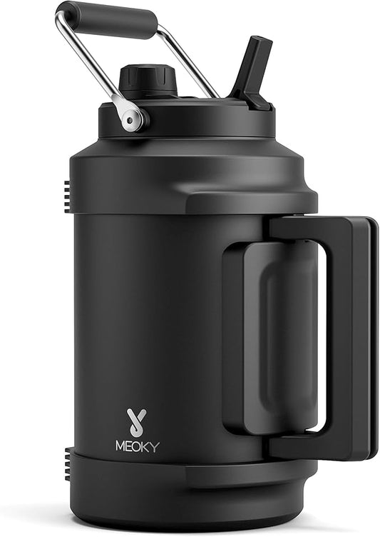 Meoky 1 Gallon Insulated Water Bottle for Sports 128 oz Triple Wall Vacuum Stainless Steel Water Jug - Top and Side Handles, Cold for 48 Hrs, 2-in-1 Straw and Spout Lid, Leak Proof for Hiking (Night)