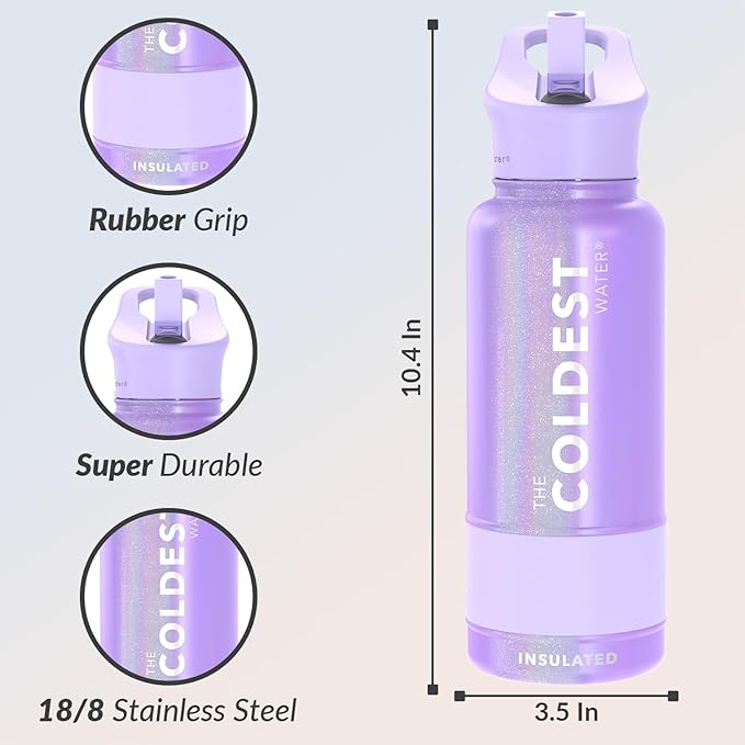Coldest Insulated Water Bottle with Straw Lid - Stainless Steel Metal Insulated Bottle for Men & Women (Purple Glitter, 32 oz)