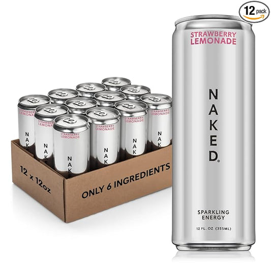 Naked Sparkling Energy Drink - Strawberry Lemonade, Organic Caffeine, Organic Lemon Juice, Zero Sugar, No Sucralose, Naturally Sweetened, Natural Energy Drinks, Vegan, Gluten-Free, Non-GMO - 12oz Cans (Pack of 12)