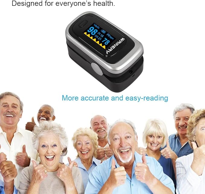 WRINERY Oxygen Saturation Monitor, Pulse Oximeter Fingertip, Oxygen Monitor, O2 Saturation Monitor, OLED Portable Oximetry with Batteries, Lanyard (Royal Black-Silver)
