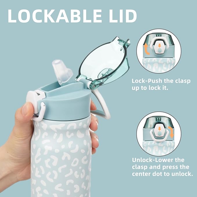 Insulated Water Bottle with Straw and Carry Loop,18 oz Stainless Steel Double Wall Vaccum Metal Water Flask with Leak-proof Lid,Light Blue Leopard