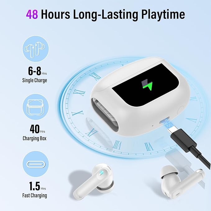 Wireless Earbuds, Bluetooth 5.4 Headphones with Multifunctional Touch Screen, 48H Bass Stereo Ear Buds with ANC/ENC Noise Cancelling/Transparency Mode, IPX7 Earphones with 5 EQ Modes, White