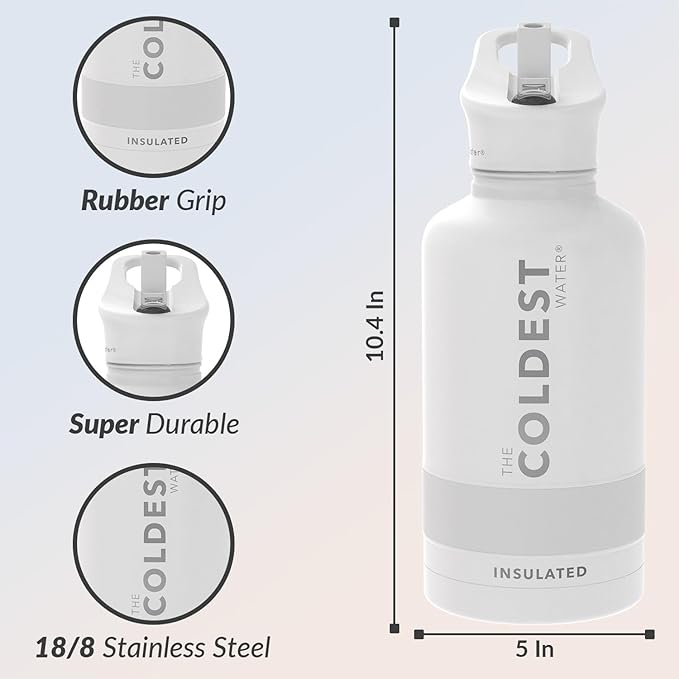 Coldest Insulated Water Bottle with Straw Lid - Stainless Steel Metal Insulated Bottle for Men & Women (Epic White, 64 oz)