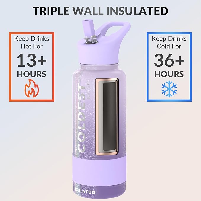 Coldest Insulated Water Bottle with Straw Lid - Stainless Steel Metal Insulated Bottle for Men & Women (Purple OmbrΓ© Glitter, 32 oz)