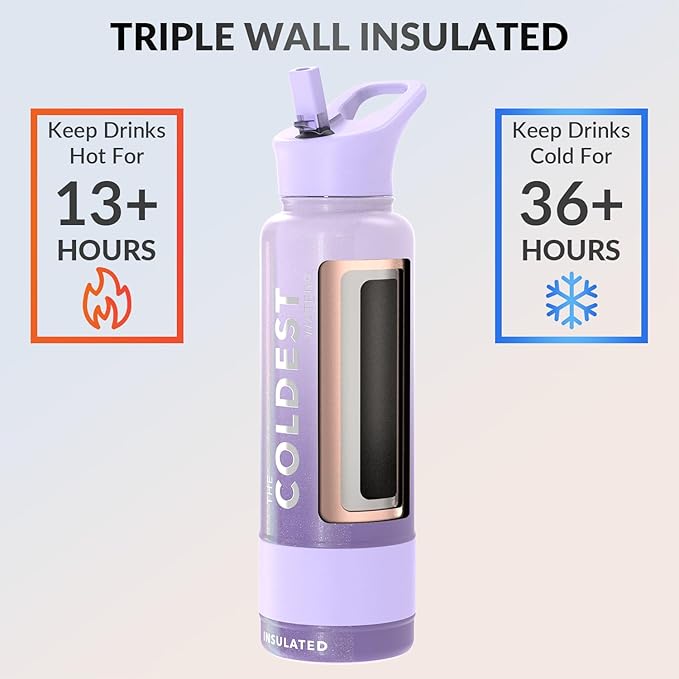 Coldest Insulated Water Bottle with Straw Lid - Stainless Steel Metal Insulated Bottle for Men & Women (Purple OmbrΓ© Glitter, 40 oz)