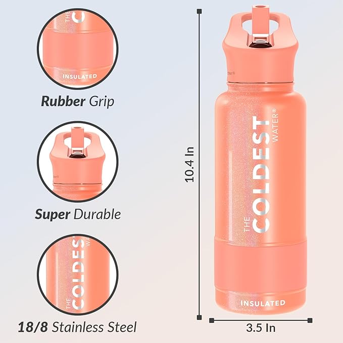 Coldest Insulated Water Bottle with Straw Lid - Stainless Steel Metal Insulated Bottle for Men & Women (Pink Froze Glitter, 32 oz)