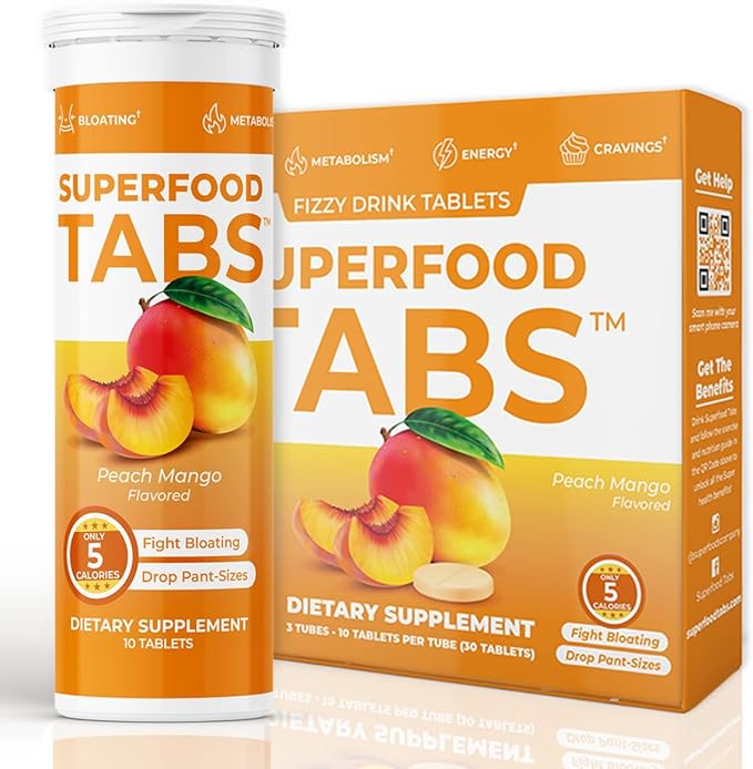 skinnytabs Anti-Bloat Cleanse Drink with 15 Superfoods | Supports Digestion, Energy & Cravings | Vegan, Non-GMO | 30 Effervescent Tabs – Peach Mango Flavor