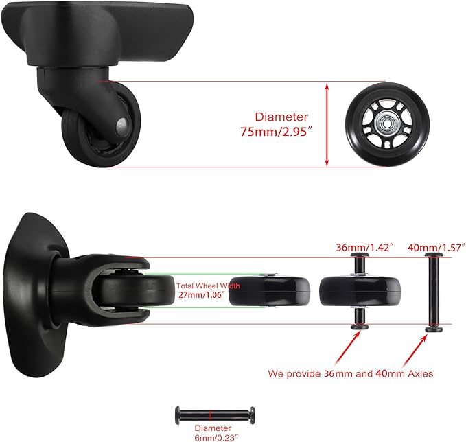 OwnMy 75mm x 23mm Luggage Wheels Replacements Set of 2 Mute Suitcase Replacement Wheels with Black Screws Axles Bearings, Rotatable Silent Rubber Suitcase Swivel Wheel Kit