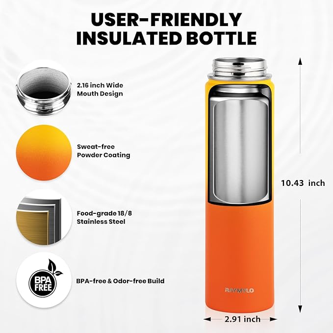 Insulated Water Bottle 24oz, Triple Wall Vacuum Stainless Steel (Cold for 48 Hrs, Hot for 24Hrs), Leak Proof & Non-BPA, 24oz Hydro Water Flask with Paracord Handle & Straw Spout Lids
