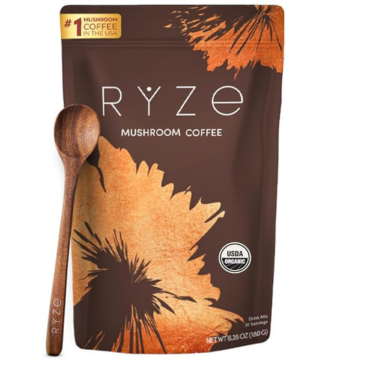 RYZE SUPERFOODS Mushroom Coffee USDA Organic with 6 Adaptogenic Mushrooms and MCT Oil, USA Grown Instant Coffee for Better Energy, Focus, Digestion, Immunity with Lions Mane & Turkey Tail, 30 servings