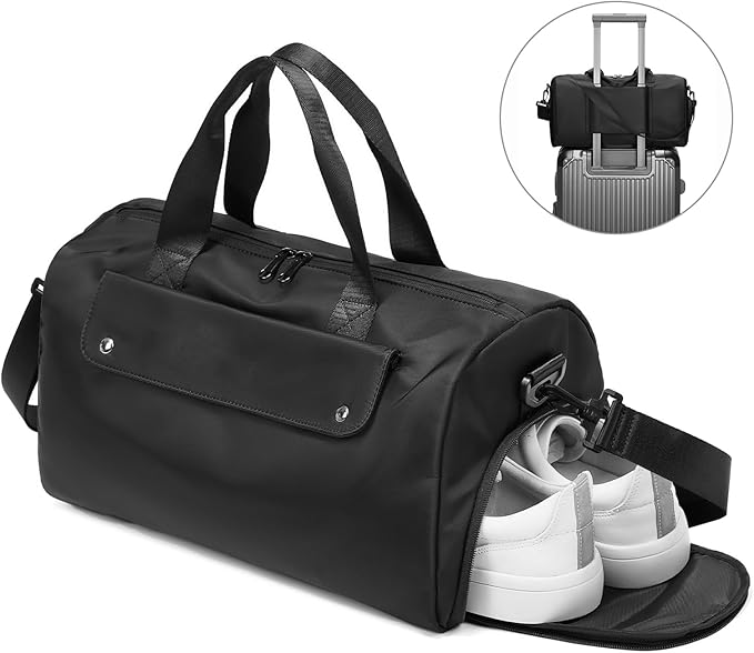 Small Gym Bag, Black Waterproof Duffle Bag for Men Women, Cordura Workout Bag with Trolley Sleeve, Duffle Bag for Travel, Sports, Fitness, Training, Yoga, Hospital