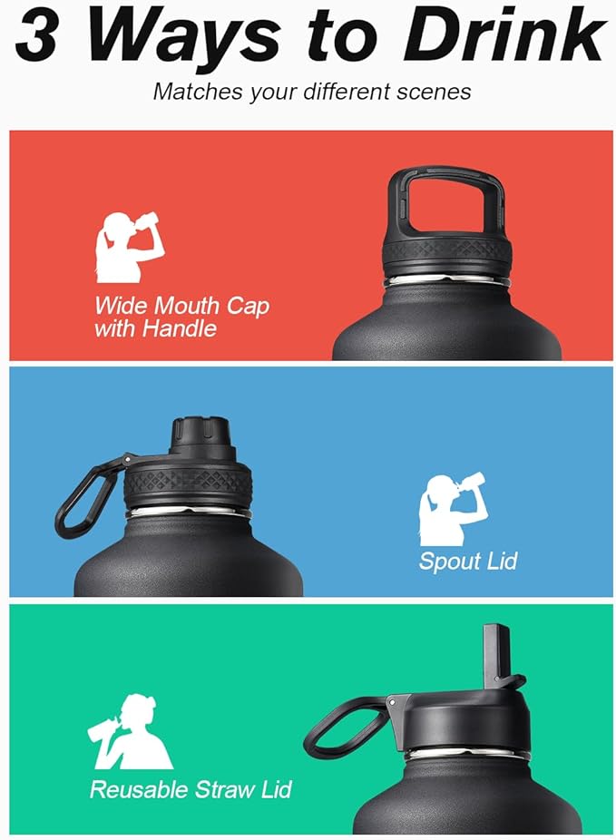 64 oz Water Bottle Insulated with Straw & 3 Lids, Coolflask Large Metal Stainless Steel Water Jug Big Half Gallon Wide Mouth for Sports, Gym or Office, Non-BPA Keep Cold 48H Hot 24H, Magic Black