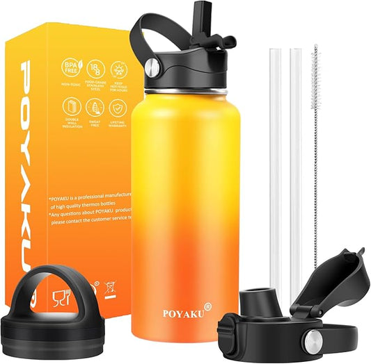 Water Bottle Insulated 32oz 40oz 64oz 128oz Straw Lid Spout Lid & 3 Lids, Leak Proof, Vacuum Insulated,Stainless Steel Water Bottle Wide Mouth for Sports, Gym or Office