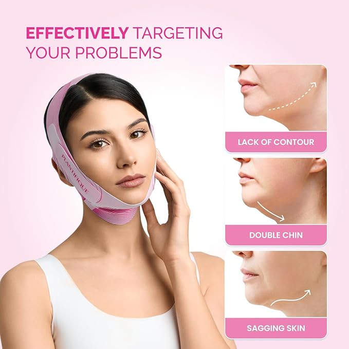 PLANTIFIQUE Chin Strap for Face Contouring - Reusable V Line Ice Silk Fabric Mask - Double Chin Shaping, Adjustable, Breathable Fabric - Jawline Shaper for Women & Men - Pink