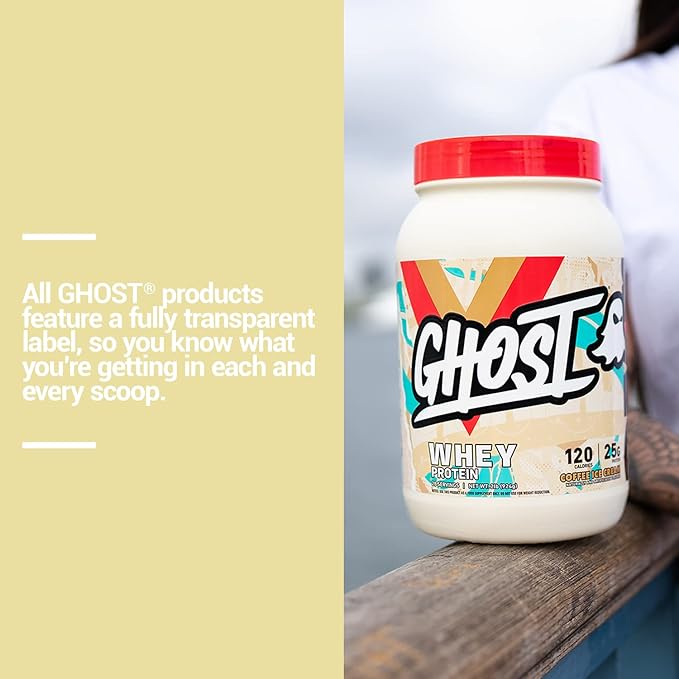 GHOST Whey Protein Powder, Coffee Ice Cream - 2LB, 25G of Protein - Whey Protein Blend - Post Workout Fitness & Nutrition Shakes, Smoothies, Baking & Cooking - Soy & Gluten-Free
