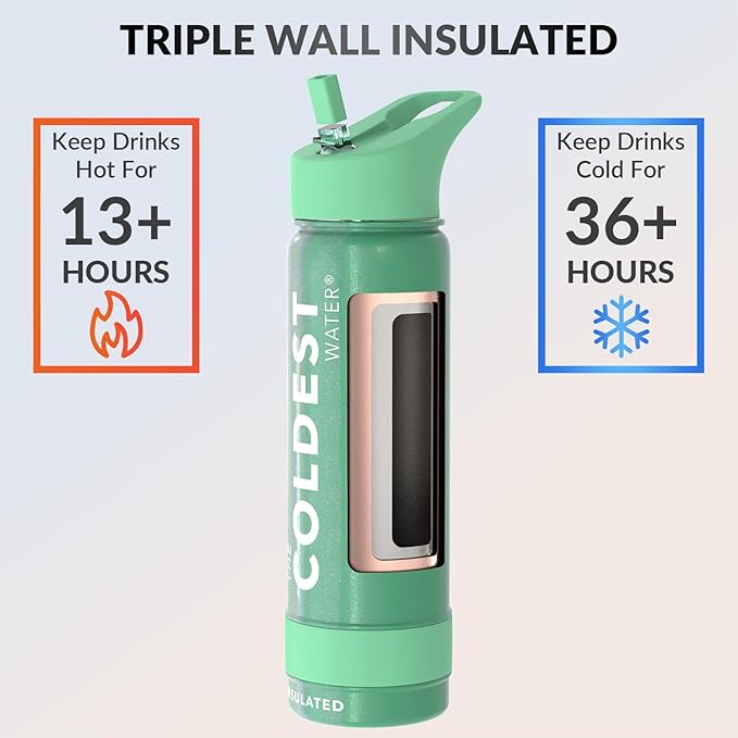 Coldest Insulated Water Bottle with Straw Lid - Stainless Steel Metal Insulated Bottle for Men & Women (Green Aurora Glitter, 24 oz)