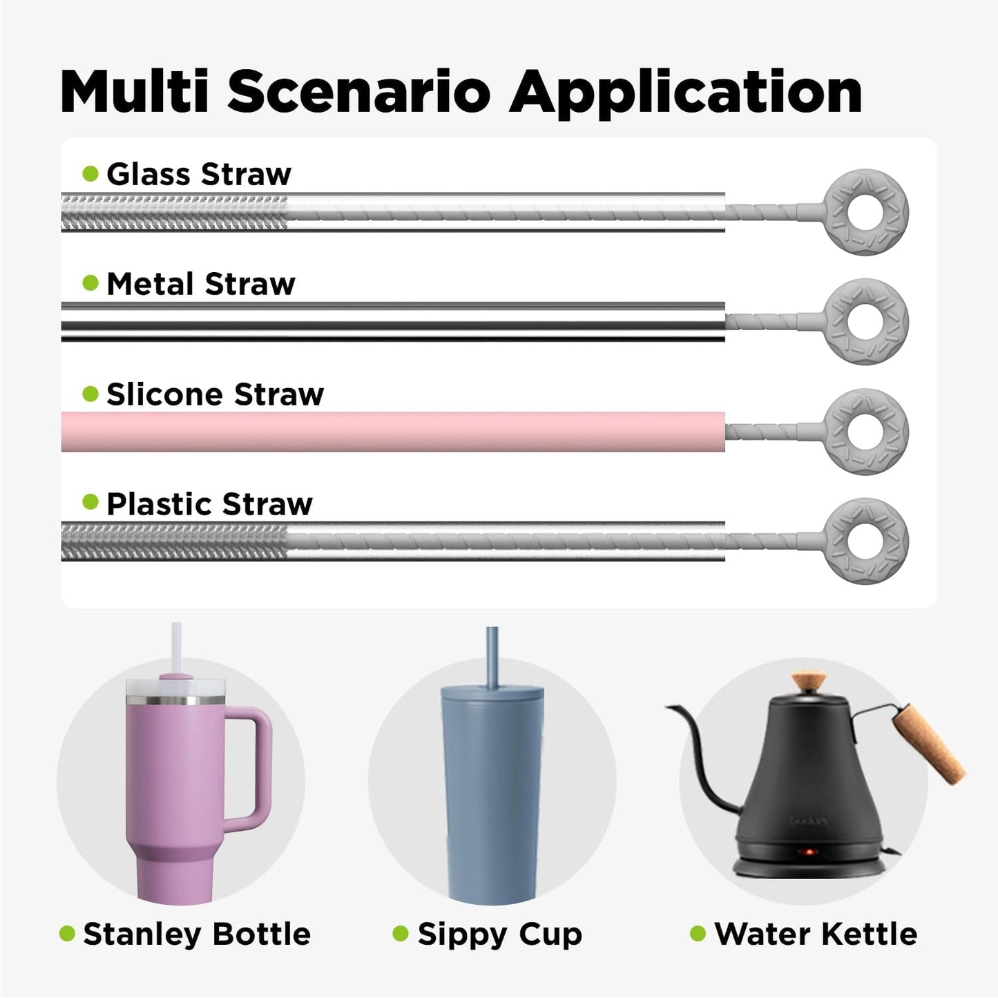 2 Pcs Silicone Straw Cleaner Brush, Extra Long Cleaning Brushes for Straws, 6mm&9mm, Gray