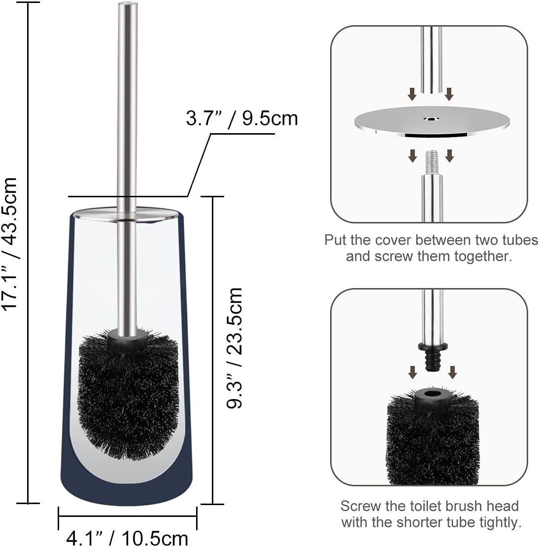 Toilet Brush and Holder, 2 Pack Toilet Brush with 304 Stainless Steel Long Handle, Toilet Bowl Brush for Bathroom Toilet-Ergonomic, Elegant,Durable (Blue)