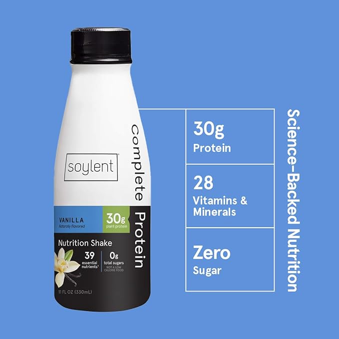 Soylent Vanilla High Protein Shake, 30g Complete Protein, Vegan, Dairy Free and 0g Sugar, Ready to Drink Protein Drinks, 11 Oz, 24 Pack